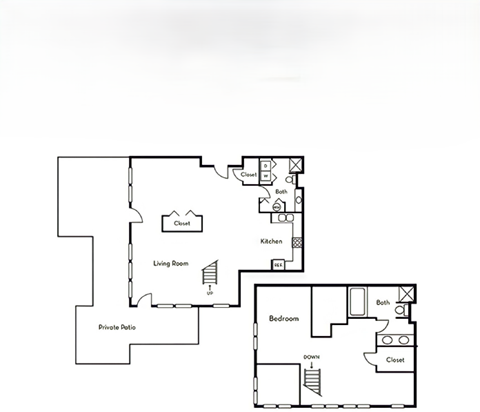 A floor plan of a house with a living room, kitchen, bedroom and bathroom.